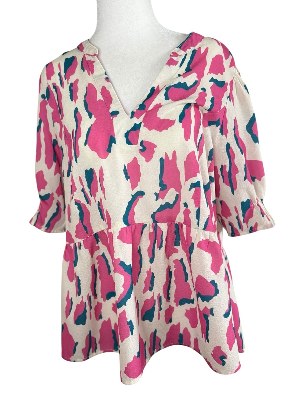 Umgee Cream Tunic Top with Pink and Teal Abstract Print